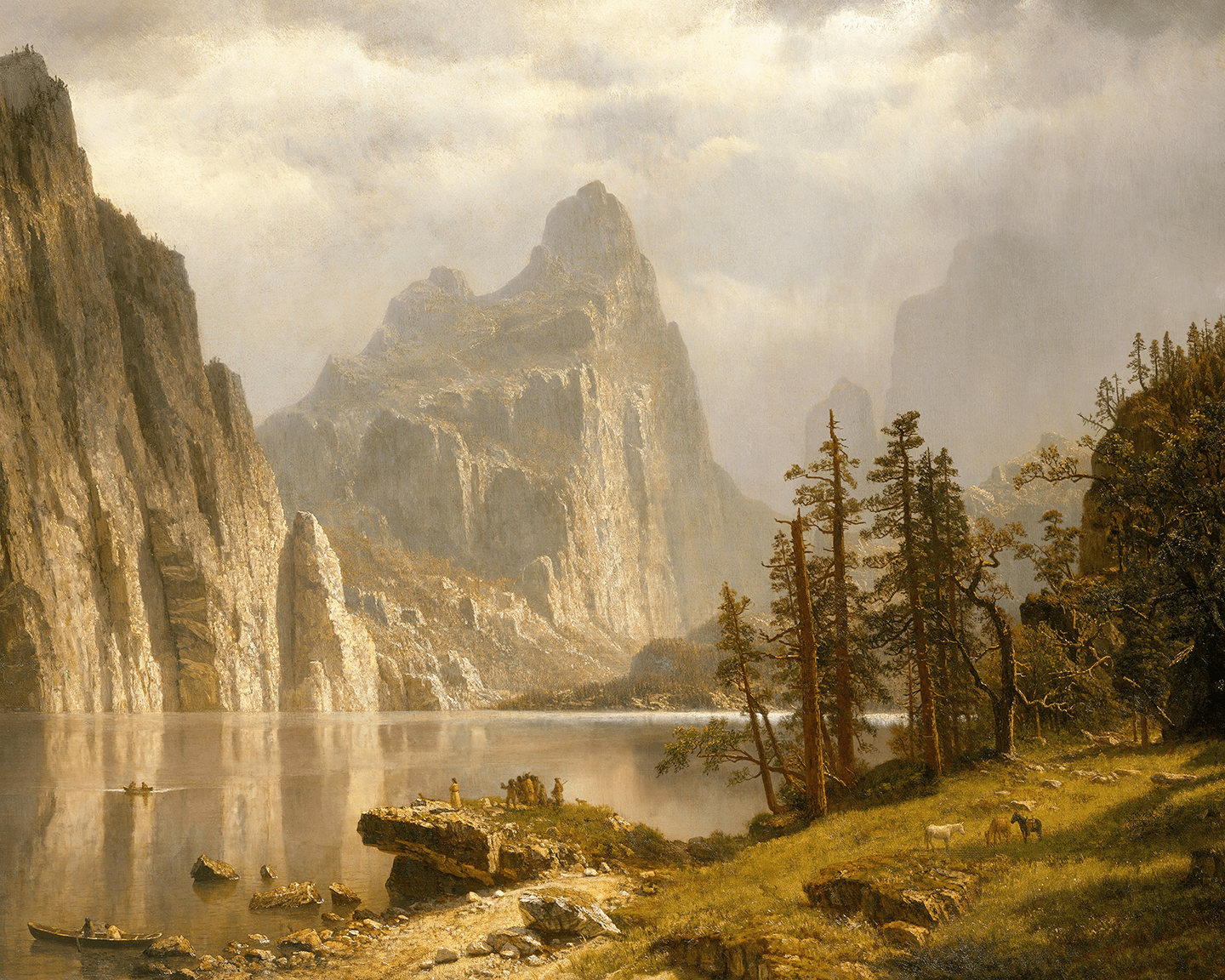 Houten Kunst aan de muur Albert Bierstadt Merced River, Yosemite Valley Olieverfschilderij Print op Canvas Foto voor Gallery Decor 50x75cm binnenframe