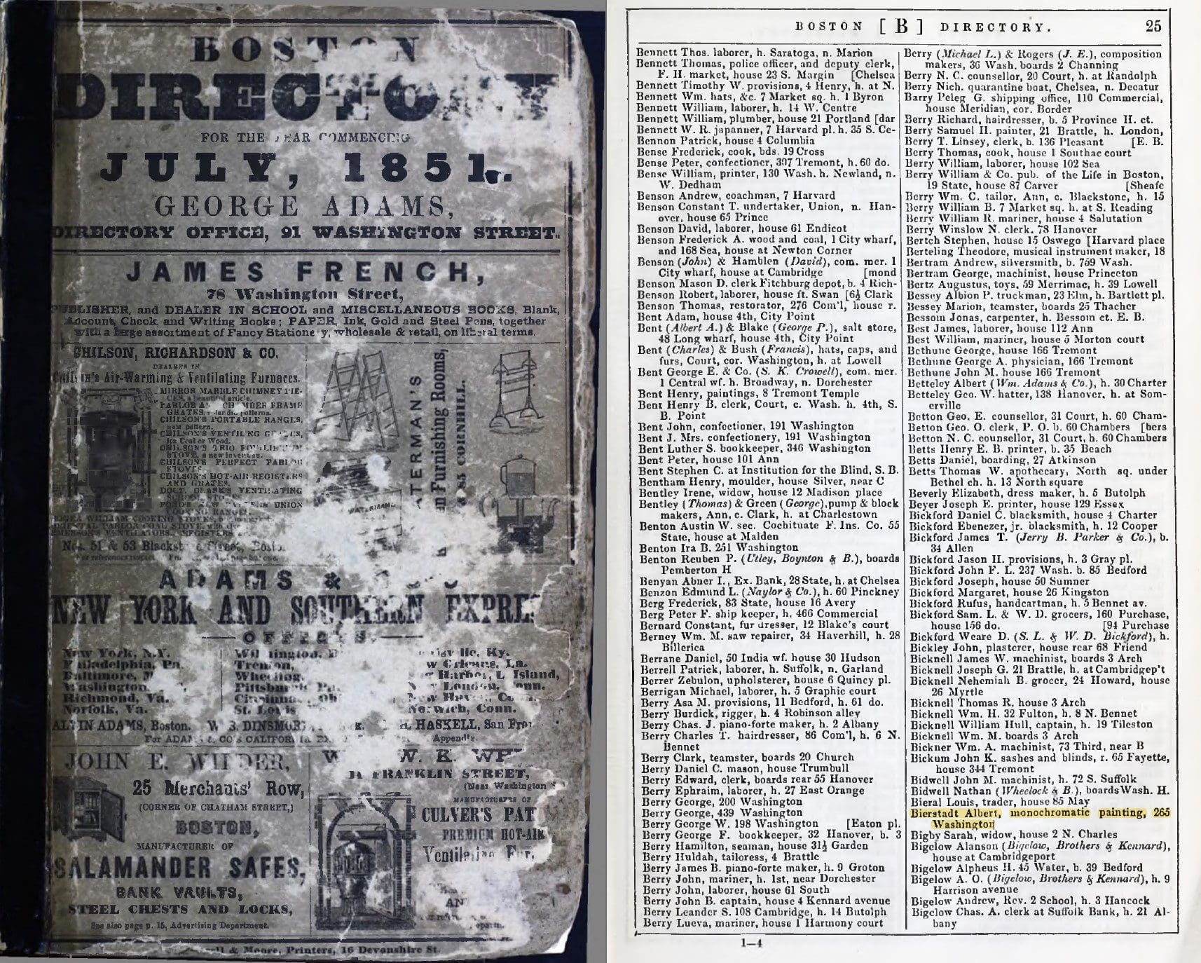 Albert Bierstadt listed in the 1851 Boston City Directory