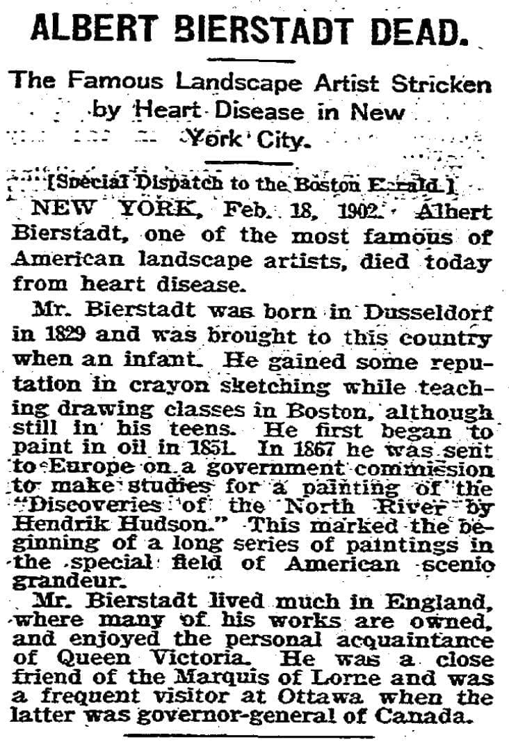 Boston Herald announcing Albert Bierstadt's death
