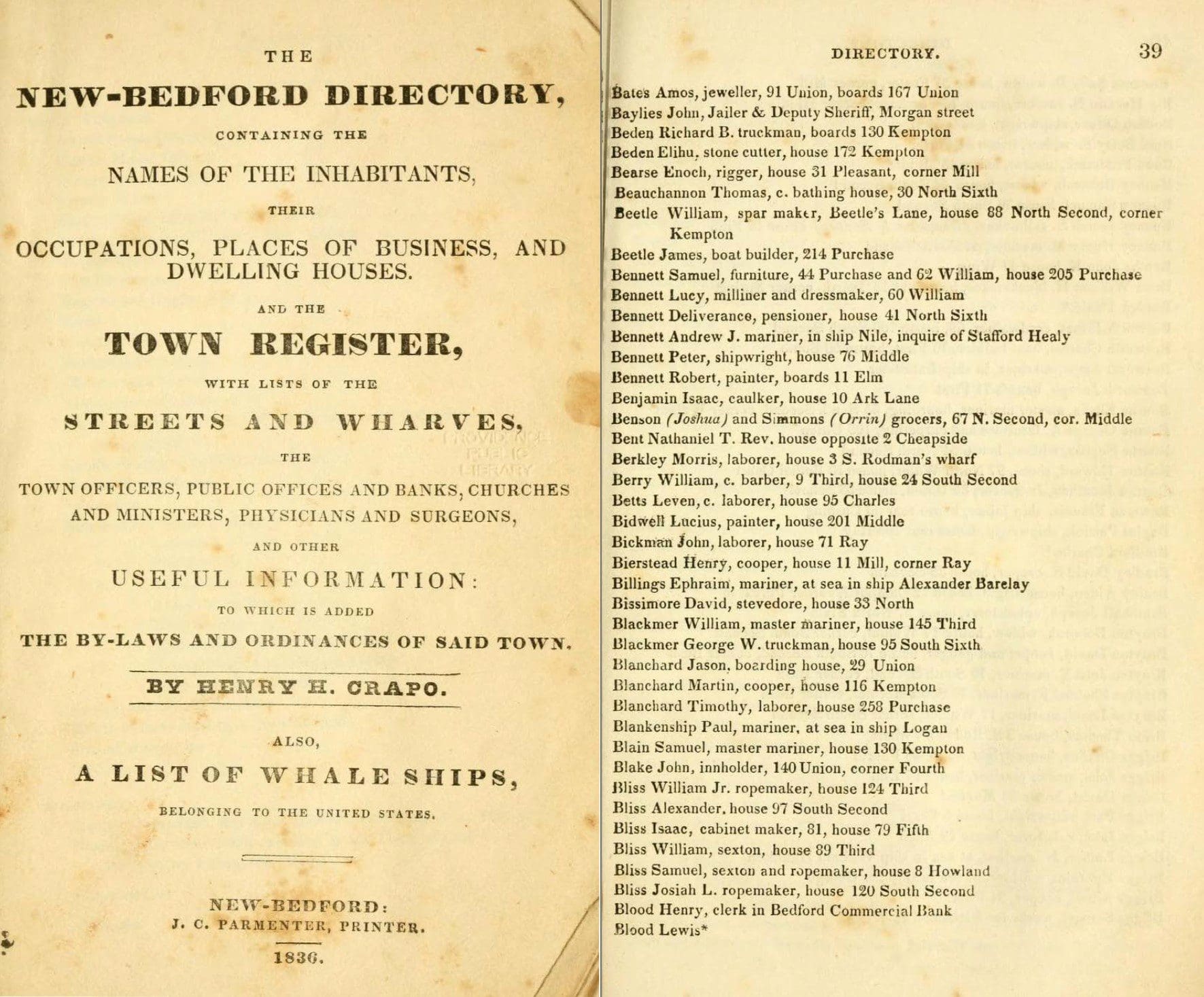 Henry Bierstadt listed in the 1836 New Bedford City Directory