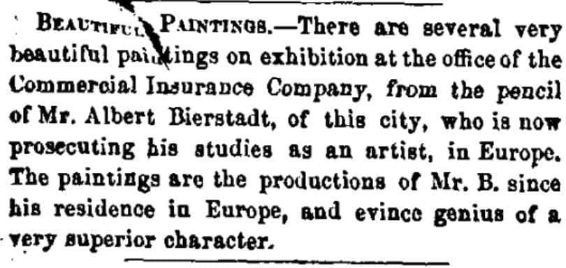 Bierstadt Exhibition at Commercial Insurance Company, New Bedford Evening Star, May 30, 1855